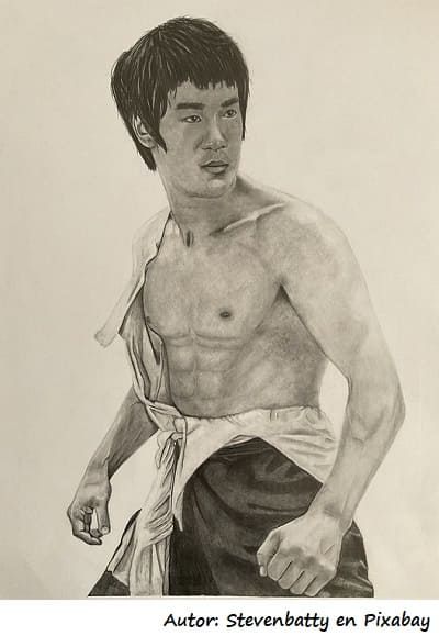 Dibujo de cuerpo entero de Bruce Lee con la extremidad superior desnuda
