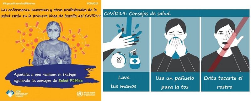 Izda: Lema del Día Mundial de la Salud 2020. Drcha: Consejos CoViD19