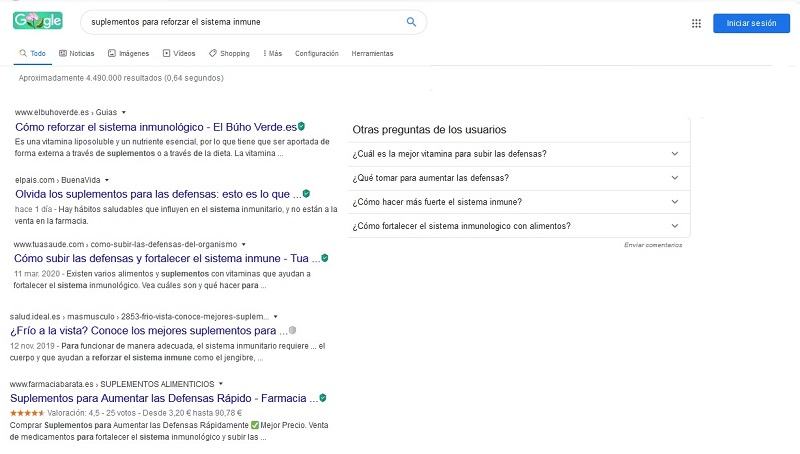 Captura de la página de inicio de las búsquedas con las palabras clave 