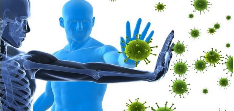 Dibujo de un ser humano con la mano extendida deteniendo un virus