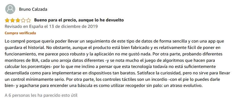 Opinión de un comprador de una báscula BIA en Amazon