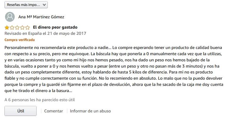 Opinión de un comprador de Amazon sobre una báscula digital