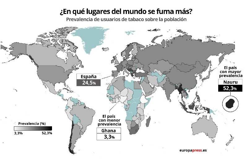 Mapa con la prevalencia de tabaquismo en el mundo