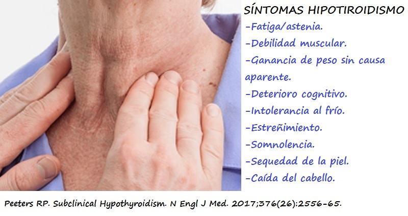 Dibujo de una mujer palpándose el cuello y enumeración de los principales signos y síntomas