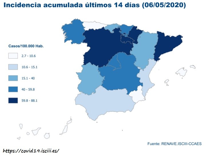Incidencia Acumulada de CoViD19 en España (06/05/2020)
