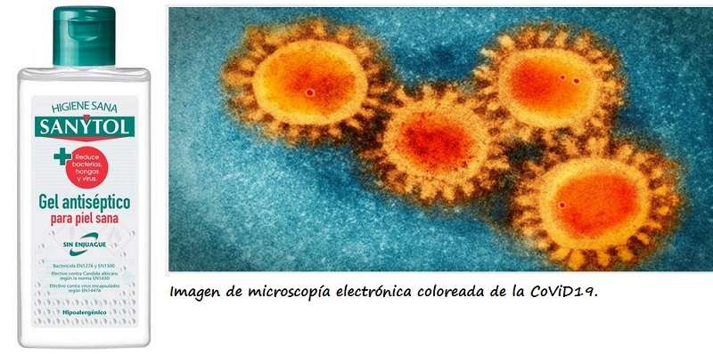 Izda: Sanytol, gel antiséptico de manos. Drcha: Imagen de microscopía electronica de la CoViD19