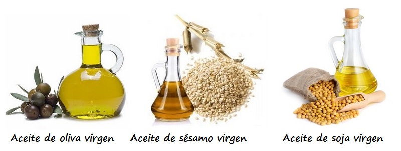Izda: Aceite de oliva virgen. Centro: Aceite de sésamo virgen. Drcha: Aceite de soja virgen