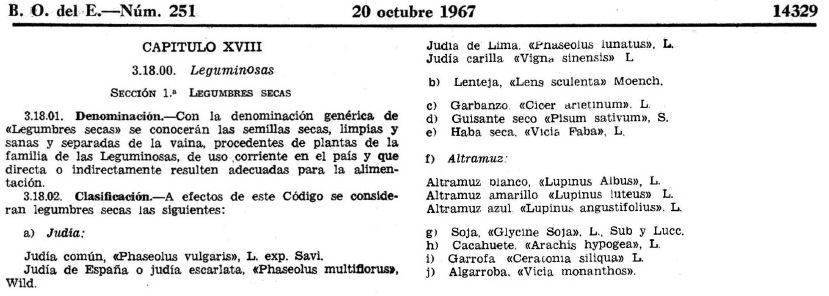 Texto donde se define el concepto “legumbres secas” en el Código Alimentario Español (BOE nº 251, 20 de octubre de 1967, capítulo XVIII, 3.18.00)