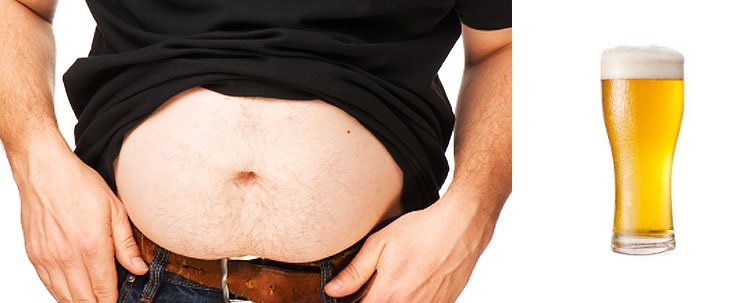 Izda: Imagen frontal de abdomen de sujeto obeso. Drcha: Cerveza rubia