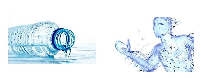 Izda: Botella de agua derramada; Drcha: Figura antropomorfa hecha con gotas de agua