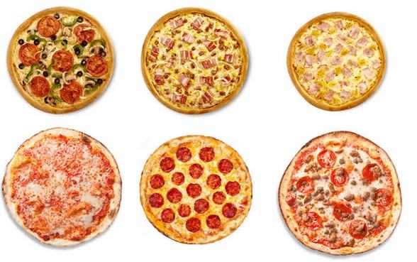 Imagen a vista de pájaro de seis tipos de pizzas dispuestas en dos filas