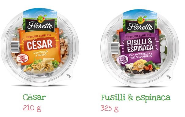 Envases ensaladas completas Florette: Izda: CESAR con pollo y queso. Drcha: FUSILLI Y ESPINACA con mozarella y pollo marinado