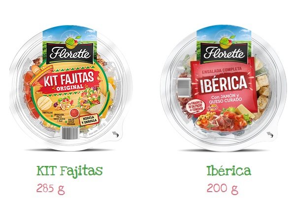 Envases ensaladas completas Florette: Izda: KIT FAJITAS ORIGINALES. Drcha: IBÉRICA con jamón y queso curado