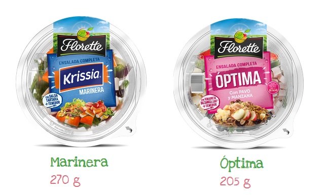Envases ensaladas completas Florette: Izda: KRISSIA MARINERA. Drcha: OPTIMA con pavo y manzana 