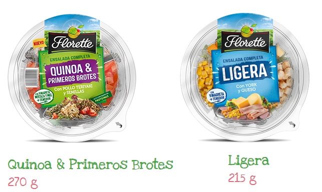 Envases ensaladas completas Florette: Izda: QUINOA y primeros brotes con pollo teriyaki y semillas. Drcha: LIGERA con york y queso