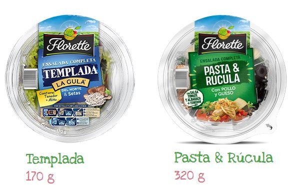 Envases ensaladas completas Florette: Izda: TEMPLADA La Gula del Norte&setas. Drcha: PASTA&RUCULA con queso y pollo