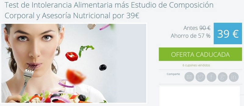 Izda: Imagen publicitaria. Drcha: Precio del test de intolerancia alimentaria