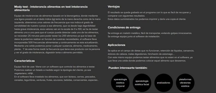 Características de un equipo de intolerancia alimentaria anunciado en web para su venta