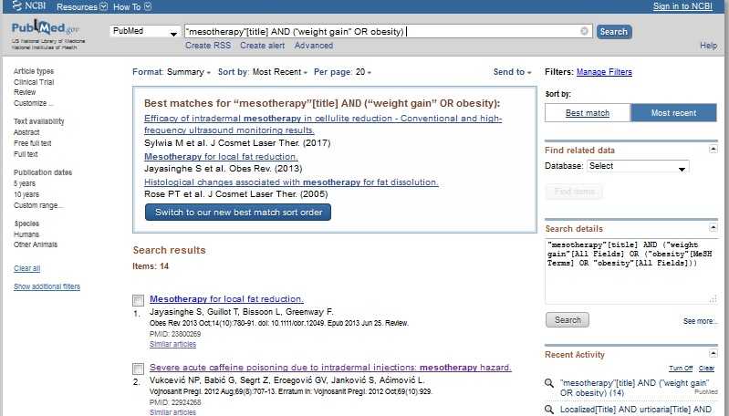 Criterio de búsqueda de estudios sobre mesoterapia y obesidad en Pubmed