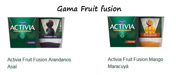 Yogures enteros Activia de la gama “fruit fusion” Envases de yogures enteros Activia de la gama “fruit fusion”