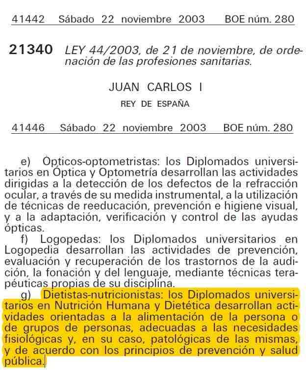 Definición de dietista-nutricionista según la Ley 44/2003 de ordenación de las profesiones sanitarias