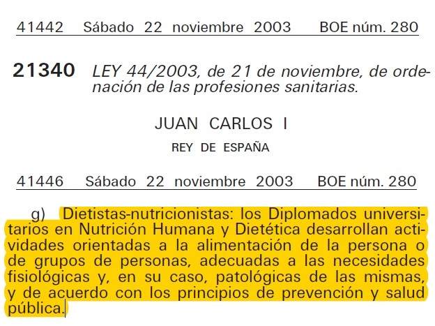 Definición de dietista-nutricionista según la Ley 44/2003 de ordenación de las profesiones sanitarias