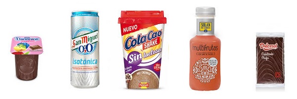 De izda a drcha: Danonino, San Miguel 0,0, Cola Cao Shake, Multifrutas Bio Solan, Cuadrado de trufa Dulcesol