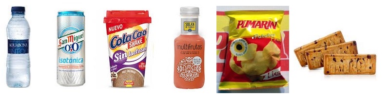 De izda a drcha: Botella de agua de 500ml aquaBona, San Miguel 0,0, Cola Cao Shake, Multifrutas Bio Solan, Patatas fritas chips Pumarín, Galletas Chiquilín Energy