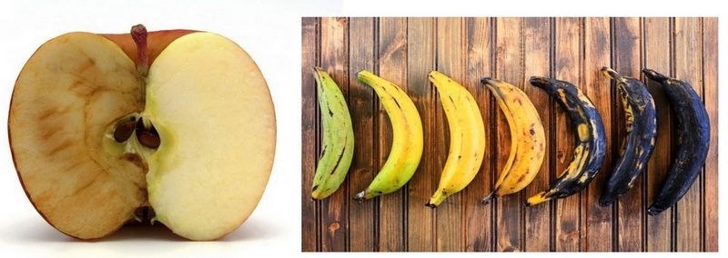 Izda: Manzana. Drcha: Plátanos con distinto grado de maduración
