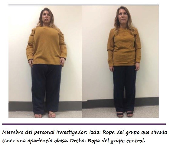 Izda: Investigadora porta ropa simila obesidad. Drcha: Investigadora porta ropa talla normal.