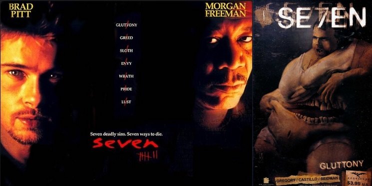 Izda: Cartel anunciador de la película Seven. Drcha: Imagen del crimen del pecado 