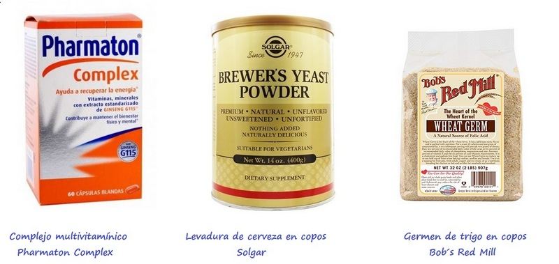 Izda: Complejo multivitamínico Pharmaton Complex. Centro: Levadura de cerveza en copos Solgar. Drcha: Germen de trigo en copos Bob´s Red Mill 