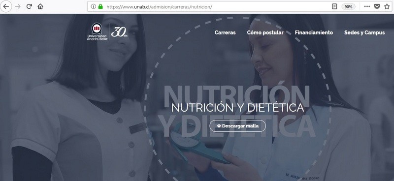 Captura de pantalla de la página de inicio de la Universidad Andrés Bello