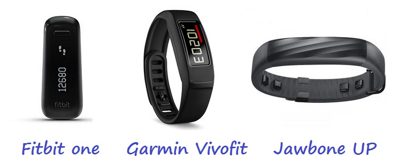 Izda: Fitbit one. Centro: Garmin Vivofit. Drcha: Jawbone UP