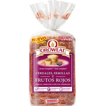 Envase del pan de molde integral Oroweat de Bimbo “cereales y semillas y frutos rojos”