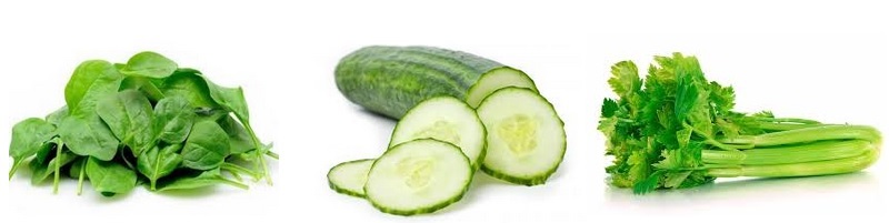 Izda:Espinacas. Centro: Apio. Drcha: Pepino