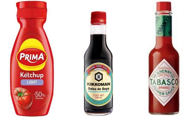 Ketchup Prima light, salsa de soja Kikkoman y salsa de tabasco Mcilhenny CO 