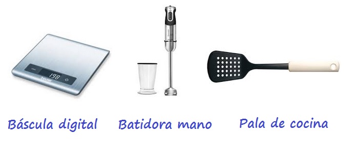 Izda: Báscula digital. Centro: Batidora de mano. Drcha: Pala cocina