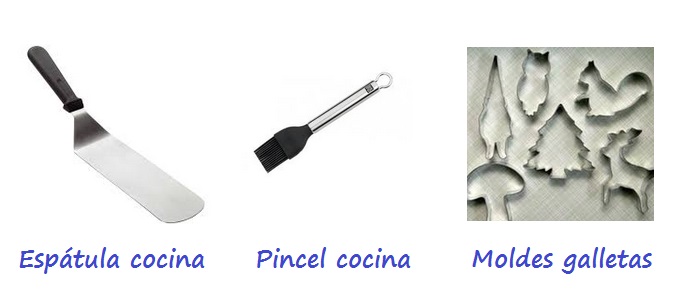 Izda: Espátula de cocina. Centro: Pincel de cocina. Drcha: Moldes Galletas.