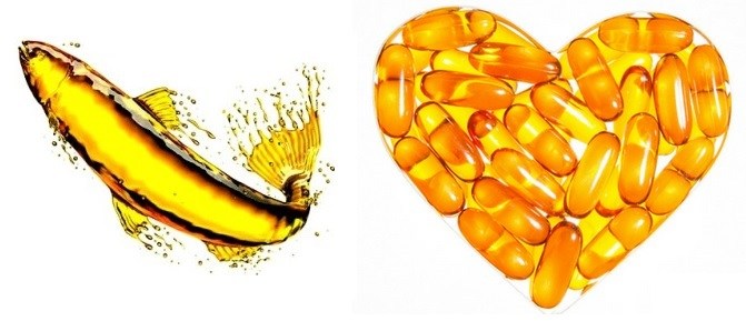 Izda: Dibujo de un pez dorado. Drcha: Composición de un corazón con cápsulas de omega 3