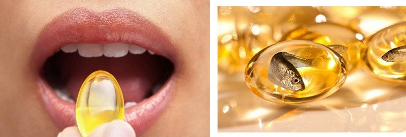 Izda: Labios de una mujera ingiriendo un suplemento. Drcha: Cápsula omega 3