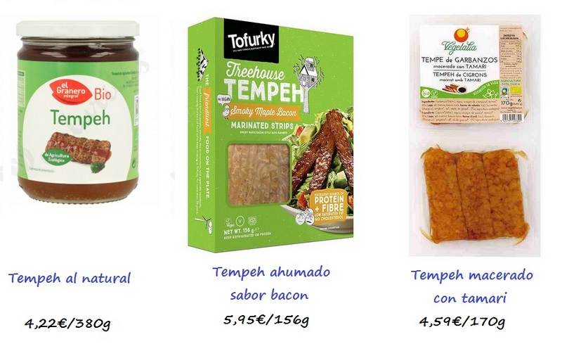 Tipos de tempeh que se pueden encontrar en las tiendas de dietética y PVP medio por envase Izda: Tempeh al natural. Centro: Tempeh marinado en tamari. Drcha: Tempeh ahumado sabor bacon