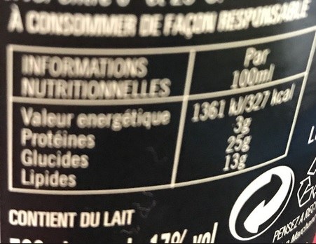 Fotografía del etiquetado nutricional de la crema Baileyss