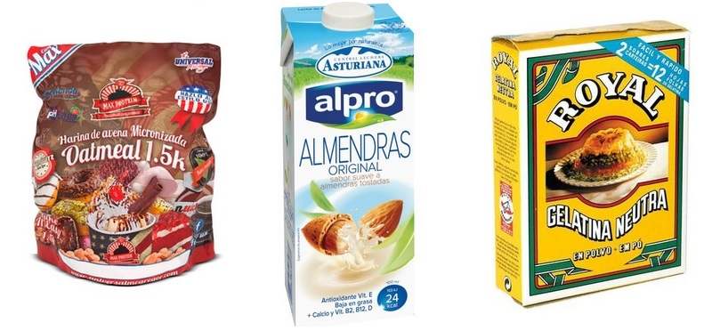 Ingredientes de la receta 3 chocolates fit Izda: Harina de avena en polvo Max protein. Centro: Leche de almendra original ALPRO. Drcha: Levadura en polvo Royal