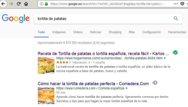 Captura imagen de la búsqueda en Google de Tortilla de patatas
