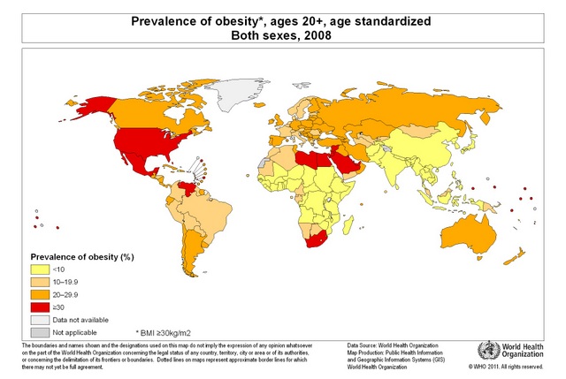 Mapa mundial con datos de prevalencia de obesidad en mayores de 20 a&ntilde;os de ambos sexos (datos OMS 2008)