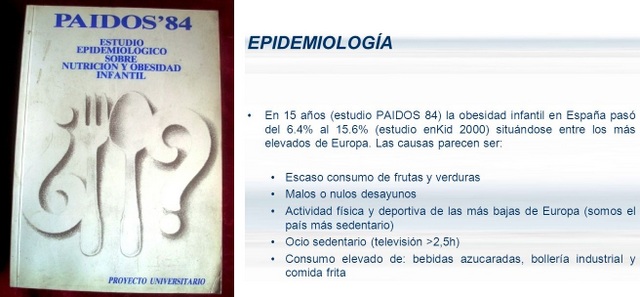 Imagenes de la portada del libro "PAIDOS´84: Estudio Epidemiológico sobre Nutrición y Obesidad Infantil" y de una diapositiva en Power Point sobre datos de prevalencia de obesidad en población infantil hallados en dicho estudio