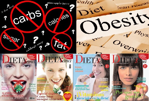 Seis imagenes: Cuatro son portadas de la revista Dieta Sana, una corresponde a mitos alimentarios en la obesidad y la cuarta es un collage de t&eacute;rminos relacionados con la dieta y obesidad