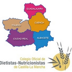 Arriba: Mapa de Castilla La Mancha. Debajo: Logo CODINCAM (Colegio Oficial de Dietistas-Nutricionistas de Castilla La Mancha)