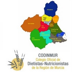 Arriba: Mapa de Murcia. Debajo: Logo CODINMUR (Colegio Oficial de Dietistas-Nutricionistas de Murcia)